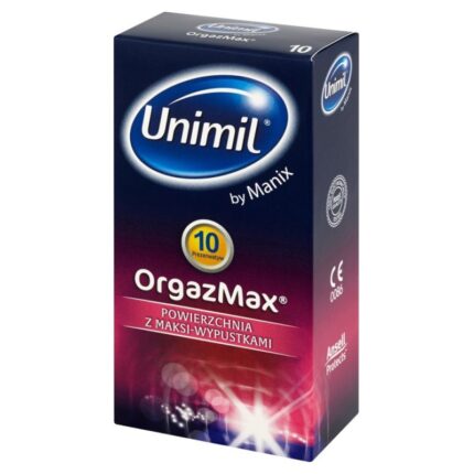 Opakowanie Unimil Orgazmax z 10 prezerwatywami z maksi-wypustkami na białym tle