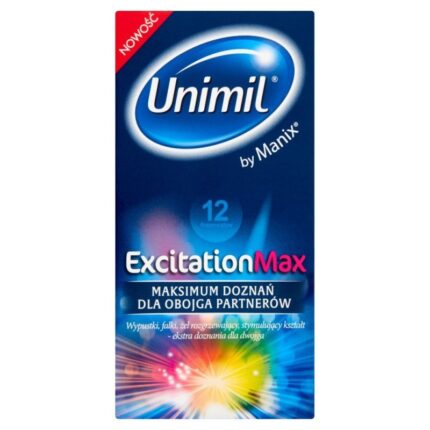 Opakowanie Unimil Excitation Max 12 prezerwatyw z wypustkami, falkami i żelem rozgrzewającym na białym tle