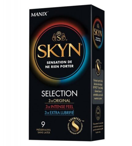 Opakowanie Skyn Selection zawierające 9 prezerwatyw: Original, Extra Lubrifie i Intense Feel