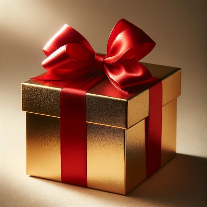 Złote pudełko prezentowe z elegancką czerwoną wstążką, doskonałe na upominki