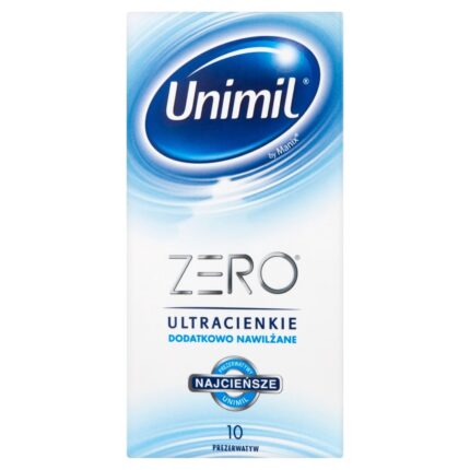 Opakowanie Unimil Zero Box 10 ultracienkich prezerwatyw na białym tle