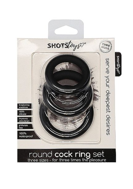 Kompletny zestaw trzech pierścieni erekcyjnych Shots Toys Round Cock Ring w różnych rozmiarach.