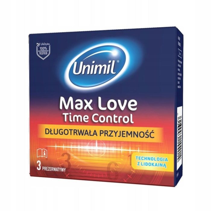 Unimil Max Love Time Control z trzema prezerwatywami, zapewniającymi kontrolę wytrysku dzięki lidokainie, w kształcie easy-on.