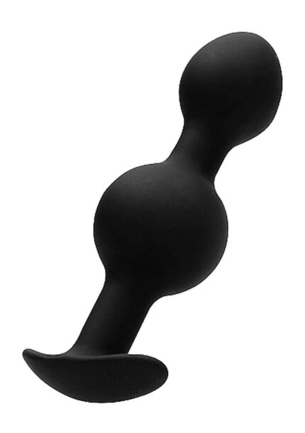 Czarna zatyczka analna N0. 90 z ruchomą kulką, prezentująca ergonomiczny kształt i szeroką podstawę