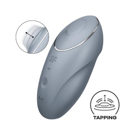 Niebiesko-szary stymulator łechtaczki Satisfyer Tap & Climax 1 z wibracją i tappingiem